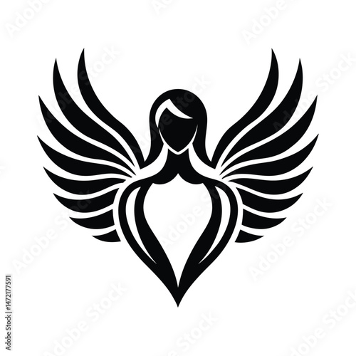 Elegant black and white angel winged silhouette depicting femininity and grace symbolizing freedom