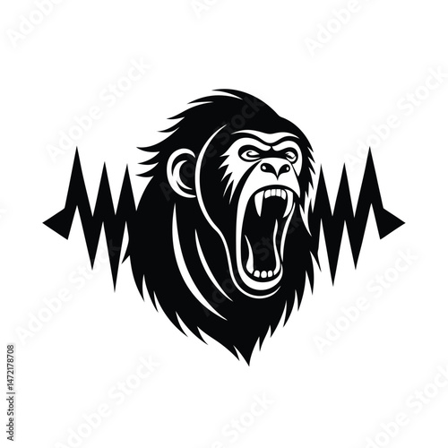 Powerful angry gorilla mascot roaring loudly with bold black and white design elements