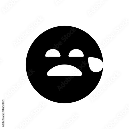 A black circle with a sad face featuring downturned mouth, two eyes, and a teardrop on the right side