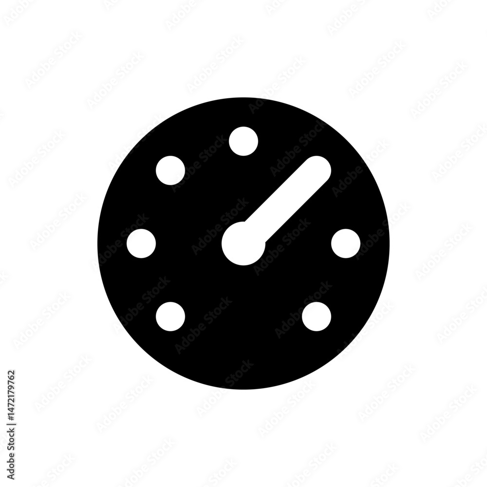 Illustration of a black clock face with six white dots and a white hand pointing to the right side Illustration of a black clock face with six white dots and a white hand pointing to the right side