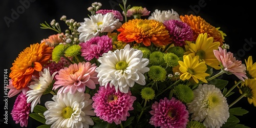A bunch of colorful flowers, including pink daisies and purple asters, forms a beautiful bouquet