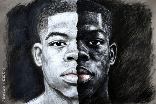 A black and white portrait of a man showcasing various facial expressions, created with mixed media, highlighting emotional depth and artistic interpretation