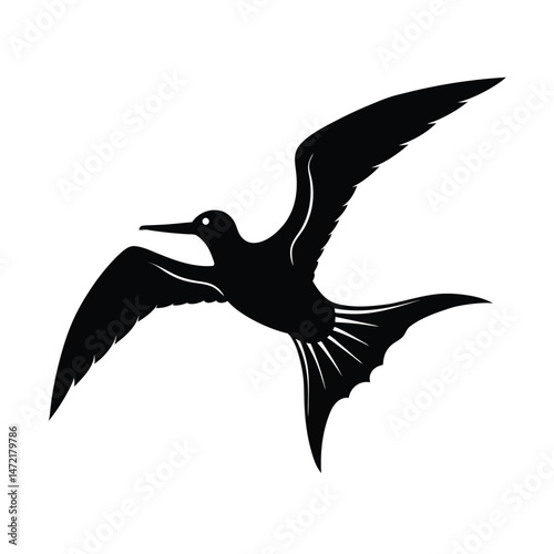 Elegant black silhouette of a magnificent frigatebird soaring in flight against a clean white background.