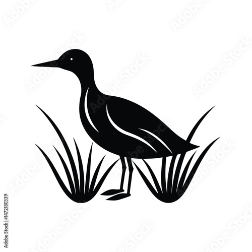 Simple black and white illustration of a wading bird standing in tall grass suitable for logos and design
