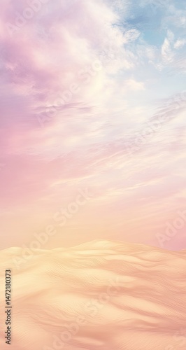 Pastel desert sunrise. Soft, pastel hues of pink and peach blend into a light blue sky, with delicate clouds.  A smooth, gentle desert landscape fades into the background