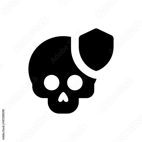 A black skull with round eyes and a heart shaped nose protected by a white shield on the right side