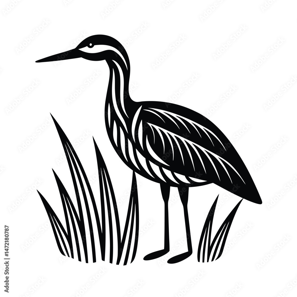 Fototapeta premium Elegant black and white illustration of a heron standing in a field of grass in minimalist style