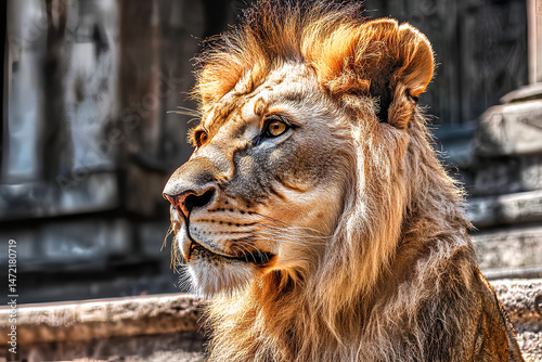 A close-up portrait of a lion at the Lion Temple in Mumbai, India, showcasing the majestic and powerful presence of this magnificent animal photo