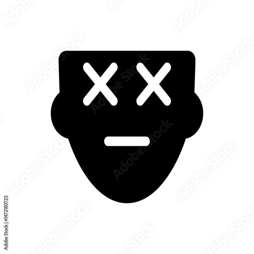 Illustration of a black stylized face with x eyes and a straight mouth indicating unconsciousness or death