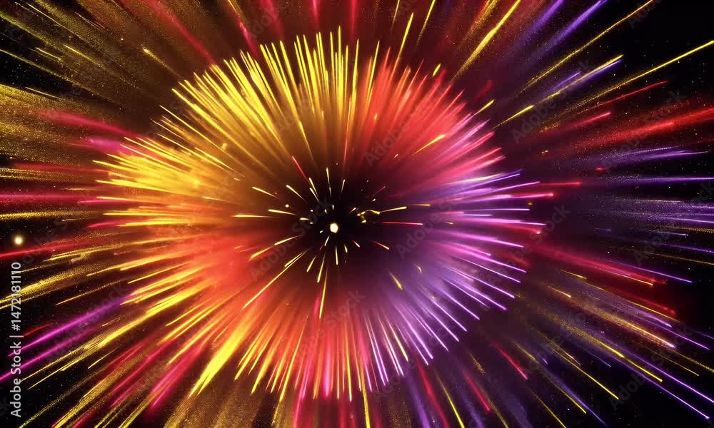 Abstract Animated Explosion Of Vibrant Colors On Black Background With Light Rays And Particle Effects Abstract Animated Explosion Of Vibrant Colors On Black Background With Light Rays And Particle Effects
