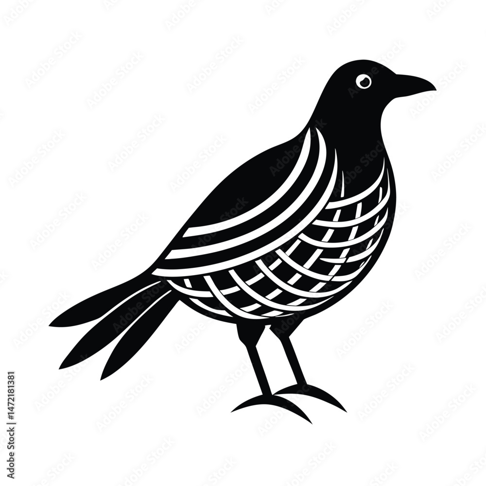Fototapeta premium Stylized black bird silhouette featuring decorative wing patterns suitable for design elements and illustration