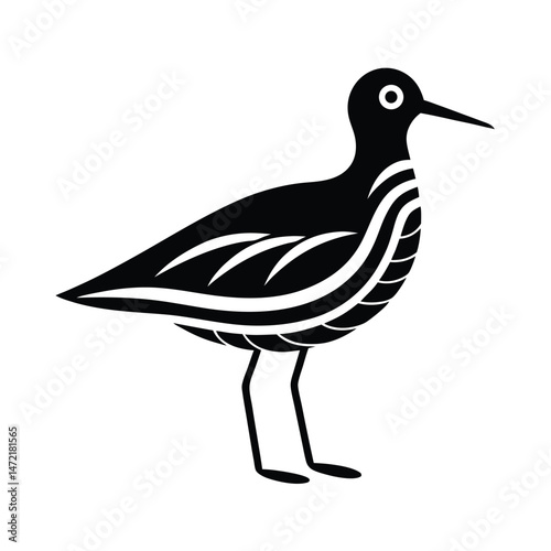 Stylized black and white illustration of a wading bird with decorative curved feather markings on a white background