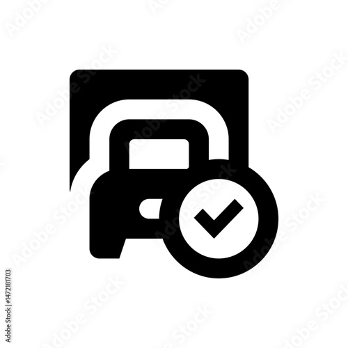 Black car icon with check mark inside a circle indicating vehicle inspection and approval status shown here