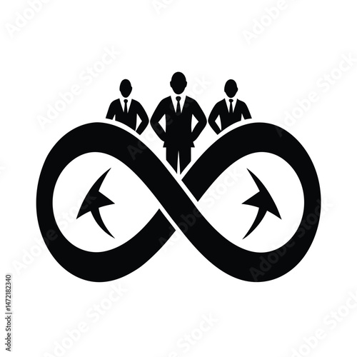 Business professionals standing on top of an infinity symbol symbolizing collaboration and limitless growth potential