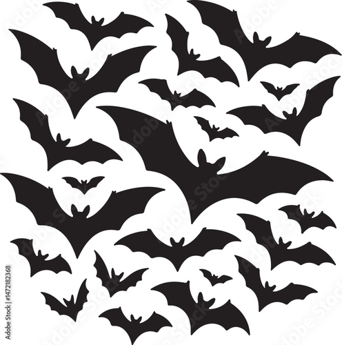 Group of bats in flight silhouette. Bat swarm silhouette vector illustration. Halloween-themed bats flying in black silhouette