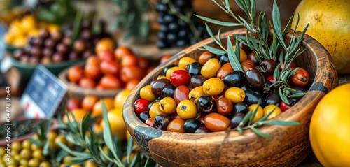 A rustic wooden bowl brimming with a vibrant Provençal olive mix at a Parisian market,   fresh,  gourmet food