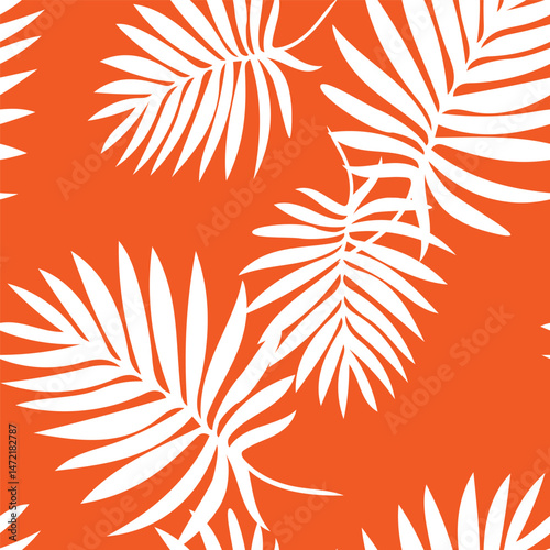 Bright orange vector seamless pattern with white silhouettes of tropical leaves. Perfect for fashion apparel fabric, trendy package, bedding, wallpaper, accessories, outerwear, cloth textile.