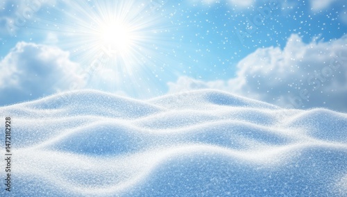 Winter wonderland landscape. Snow-covered hills under a vibrant blue sky, dotted with fluffy white clouds and a bright sun.  Soft, gentle snow drifts create a peaceful, serene atmosphere
