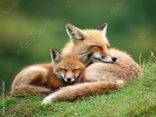 Wallpaper Mural A red fox family, the mother and her cub, sleeping on the grass in the summer. A high-resolution photo of a cute, red-furred animal with her adorable kit cuddling together. Torontodigital.ca