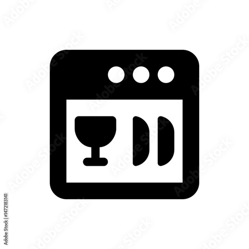 A black and white icon depicting a dishwasher with a wine glass and two plates inside on a white background