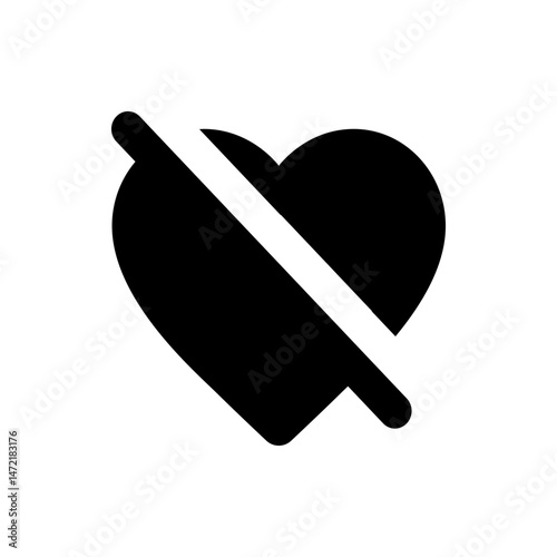 A black heart symbol with a diagonal line through it indicating rejection or dislike on a white background