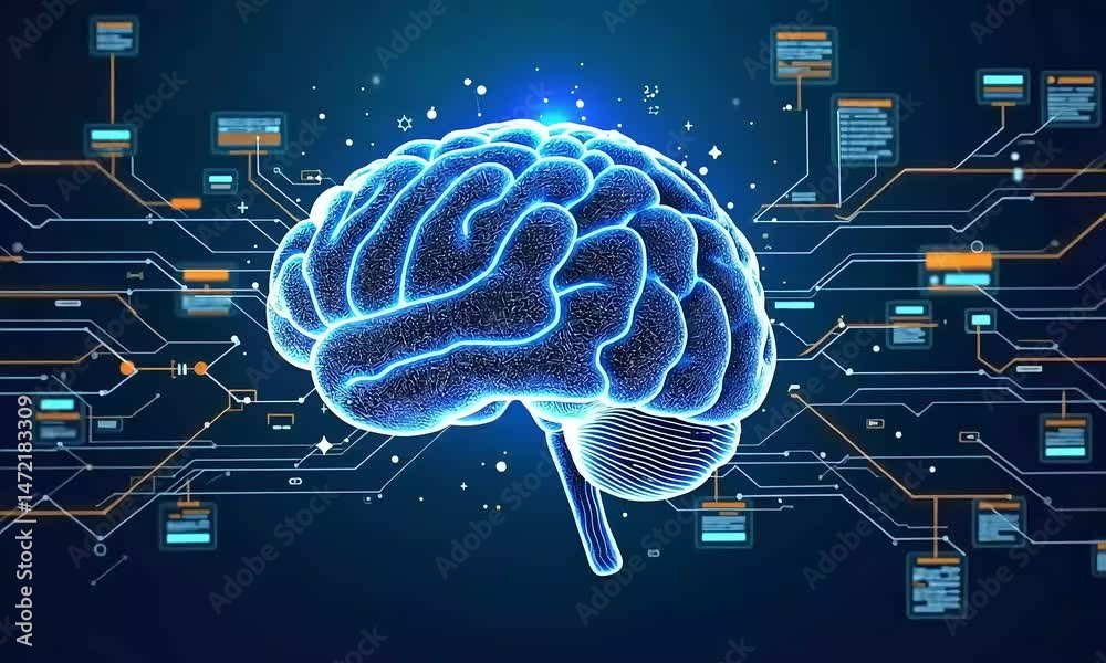 Illuminated 3 d brain with circuit board background illustrating artificial intelligence and technology concepts