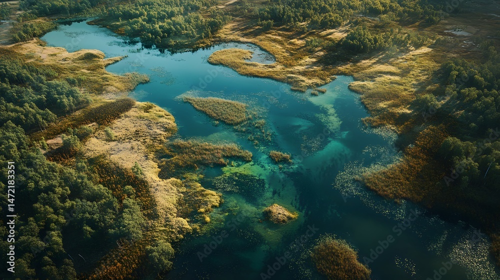 Fototapeta premium A revitalized wetland thriving post-fossil fuel pollution, now home to diverse wildlife and lush flora, showcasing nature's resilience.
