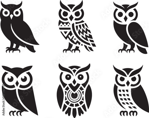 Collection of six black and white owl silhouettes with decorative designs and detailed features