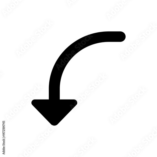 Black curved arrow pointing downwards indicating a turn or redirection on a white isolated background