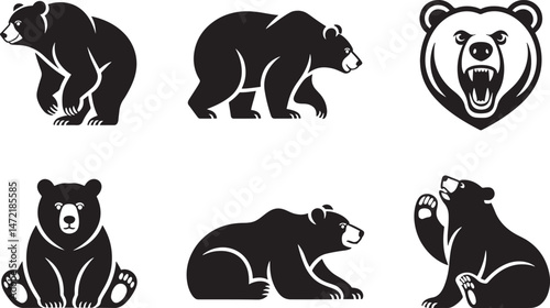 Set of stylized black bear silhouettes in various poses isolated on white background