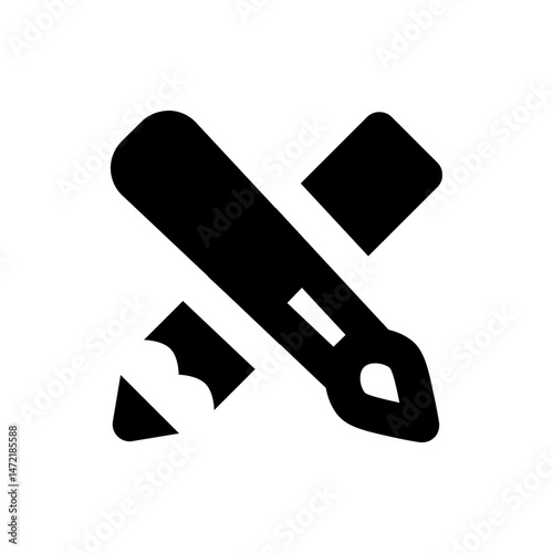 Black icon of a pencil crossed with a paint brush and an eraser on a white background in simple style