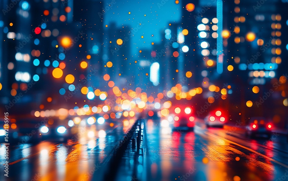 Obraz premium Blurry city street at night with colorful bokeh lights reflecting on wet asphalt.
