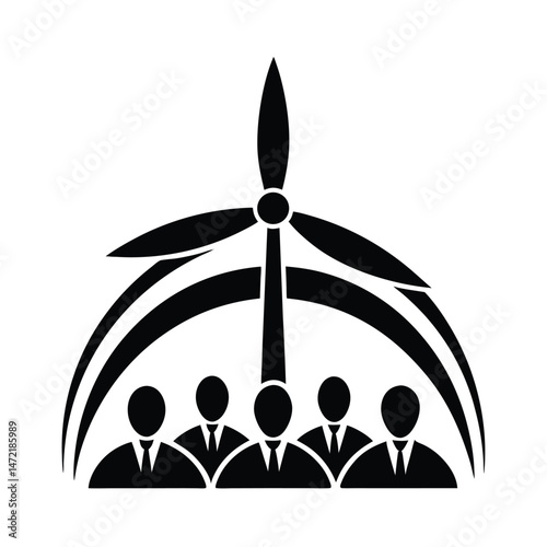 Clean energy business team representatives united by a wind turbine symbol illustrating sustainability