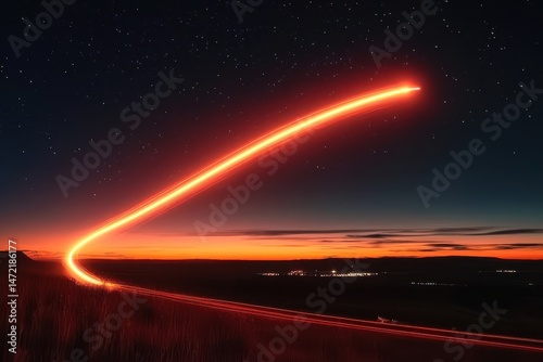 Red Light Trail Across Night Sky Over Highway