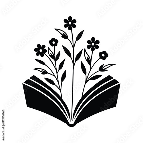 Open book silhouette with floral elements symbolizing knowledge learning and growth in a simple design
