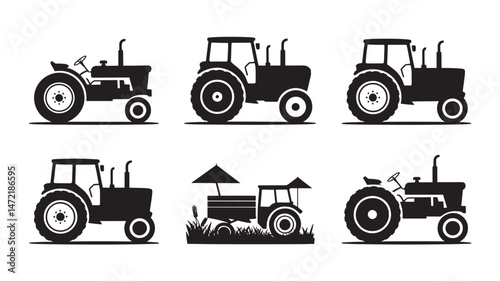 Vector illustration of farm tractors showing different styles and designs in black silhouettes