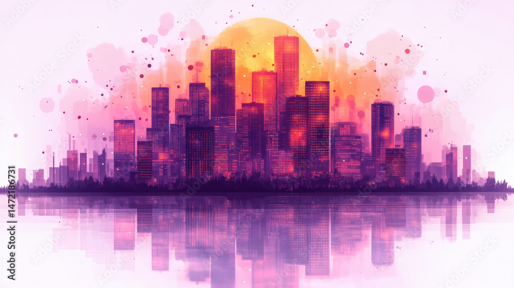 Fototapeta premium Stylized cityscape sunset reflection illustration