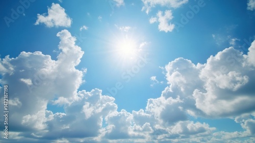 Bright sun shining through fluffy cumulus clouds in a vivid blue sky, creating a serene and peaceful atmosphere. : Generative AI