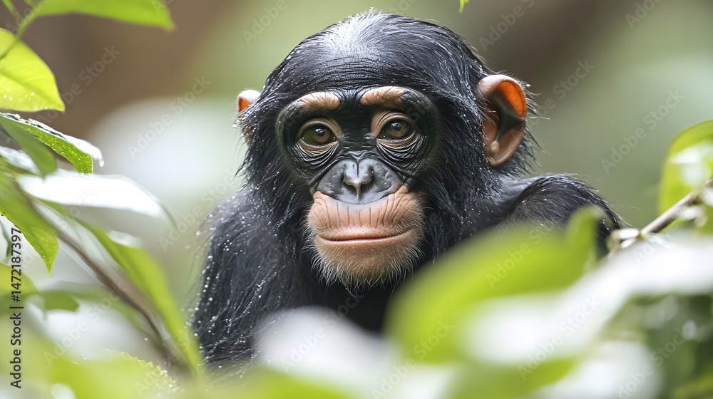 Bonobo Ape Portrait in Lush Green Rainforest Bonobo Ape Portrait in Lush Green Rainforest