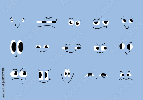 Set of different faces with emotions in cartoon style. Different variants of funny Doodle shapes of eyes, eyebrows and lips. Hand drawn trendy vector illustration for kids. Cute funny characters.