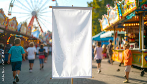 Blank white banner at outdoor fair or festival with copy space opportunity