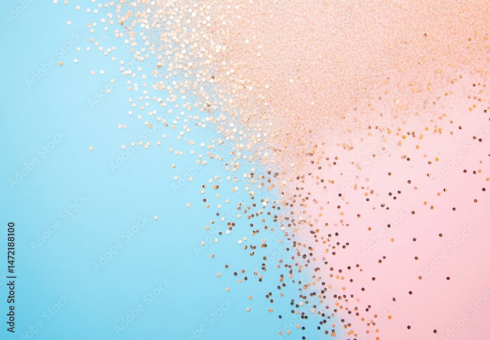 Fototapeta premium Pastel pink and blue background with scattered gold glitter, creating a festive and elegant design perfect for invitations or social media. : Generative AI