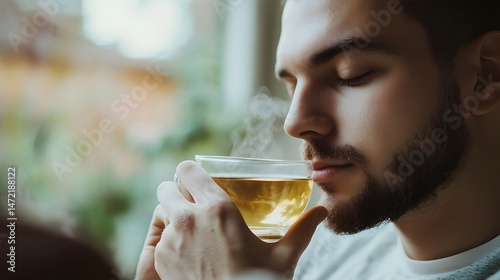Man relaxing with a cup of tea focusing on mindfulness