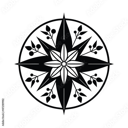 Decorative black and white vector design featuring a compass rose with floral and botanical elements