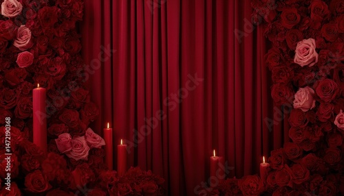 Romantic Red Floral Arrangement with Velvet Curtains and Candlelight