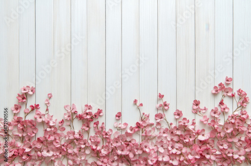 Pink flowers border on white wooden planks background. Delicate floral arrangement, perfect for spring or wedding themes, feminine design. : Generative AI