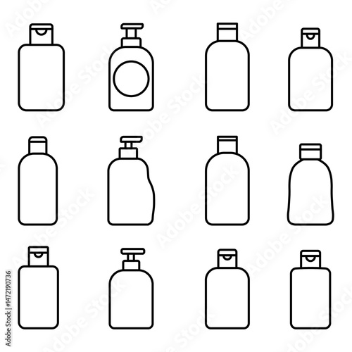 Illustration showing a set of black shampoo bottle icons on a white background