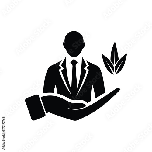 Eco-friendly business concept represented with businessman and leaves held by a hand symbol