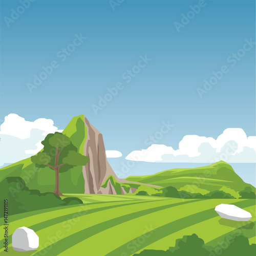 Banner or Poster square shape of Agricultu. Hills are undulating and crisscrossed with grassy terraces. Trees are prominent. high mountain with cliffs under blue sky and white clouds.