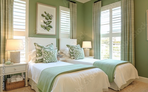 Two twin beds in a light green bedroom with white plantation shutters and sage green accents.
